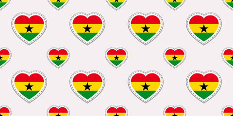 Ghana flags background. Ghanian flag seamless pattern. Vector stickers. Love hearts symbols. Good choice for sports pages, travel, patriotic, geographic, elements. patriotic wallpaper.