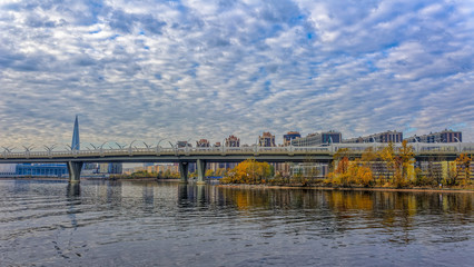 Cable-stayed bridge over Neva river on Western Rapid Diameter highway in St. Petersburg, Russia.