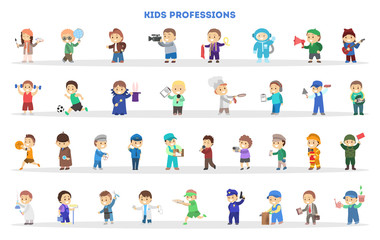 Children play as different worker set. Collection of kids