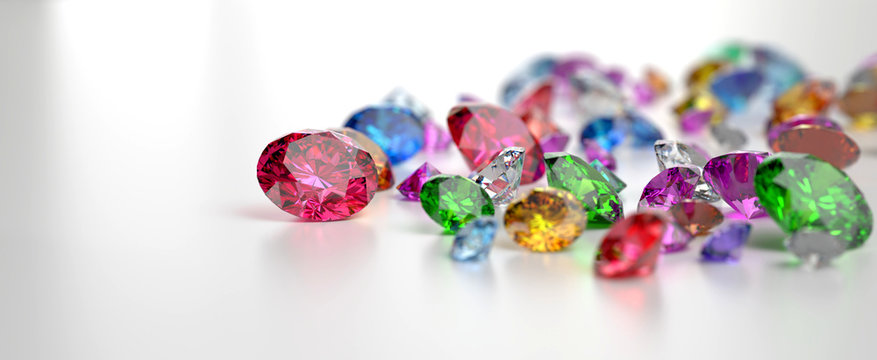 Colorful Gemstones placed on white reflection background, 3d rendering.