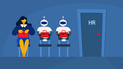 Woman and robot waiting in queue on interview