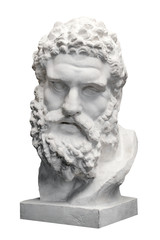 Bust of the Farnese Hercules. Heracles head sculpture, plaster copy of a marble statue isolated on white. Son of Zeus, the ancient Greek god. Ancient statue of hero