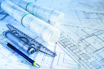The part of architectural project.Blue background