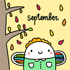 September hand drawn illustration with cute marshmallow going to school