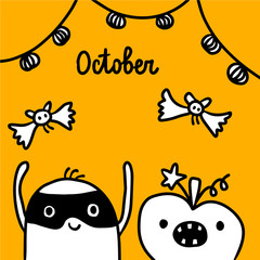 October hand drawn illustration with cute marshmallow in a mask