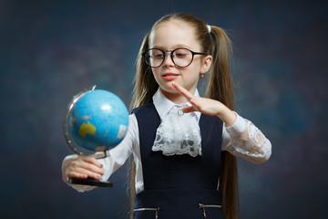 Cute Little Blond Schoolgirl Hold World Globe