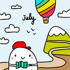 July hand drawn illustration with cute marshmallow going to the trip