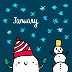 January hand drawn illustration with cute marshmallow and snowman