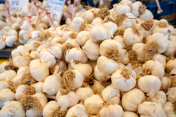 Fresh organic garlic vegetables market. Food concept photo.