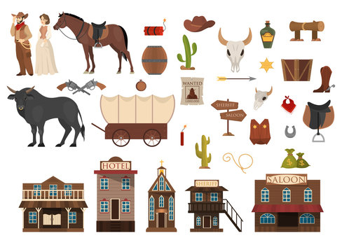 Wild west set. Cowboy, cactus, horse and cow. Saloon