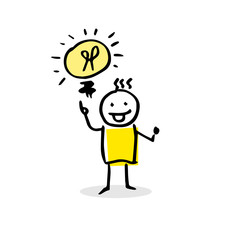 Stick figure with an idea. Vector illustration with bulb and person in cartoon style.