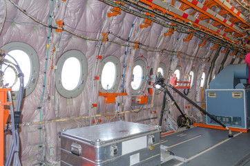 View on the cabin of the aircraft without interior trim, for test flights