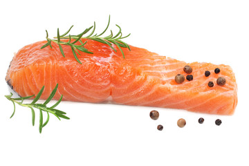 Red fish. Raw salmon fillet with rosemary isolate on white background.