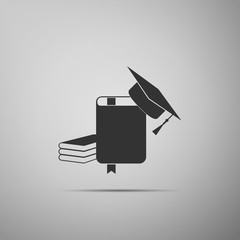 Graduation cap and book icon isolated on grey background. Flat design. Vector Illustration