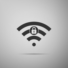 Wifi locked sign icon isolated on grey background. Password Wi-fi symbol. Wireless Network icon. Wifi zone. Flat design. Vector Illustration