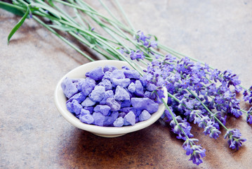 Aromatherapy lavender, lavender spa, Wellness with lavender, lavender Scented stones  on a wooden background