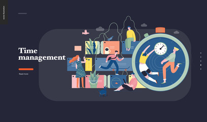 Technology 1 -Time management - modern flat vector concept digital illustration of time management metaphor, a stopwatch, timeline and people in workflow. Creative landing web page design template