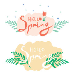 Hello Spring hand sketched logotype, badge typography icon. Lettering spring season with leaf for greeting card, invitation template.