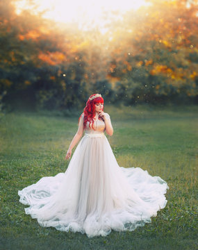 bright art photo, cute large plump tender girl with red hair in long silver light dress with white train stands in middle of green meadow, new tale about Ariel, bride princess with diadem in sunlight