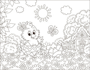 Little Chick peeking out of a decorated Easter egg on grass among flowers on a lawn near a small hut with thatched roof on a sunny spring day, black and white vector illustration in a cartoon style
