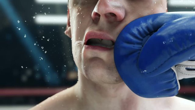 Boxer great punch, boxer punching hook to the jaw, in super slow motion, highly detailed realistic 3d animation