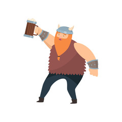 Funny red-bearded viking with wooden mug of beer in his hand over white background