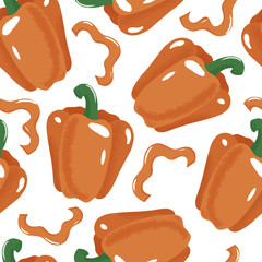 Seamless pattern with orange bell pepper, paprika - whole and pieces, textured vector illustration on white background. Sweet pepper, paprika seamless pattern, textures backdrop