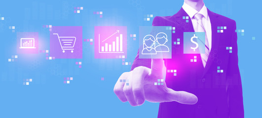 Marketing concept with businessman in a purple and blue duotone