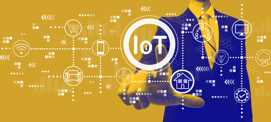 IoT theme with businessman in a yellow and blue duotone