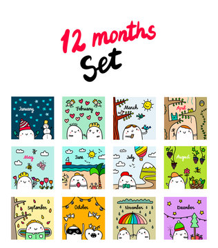 Twelve months set hand drawn illustrations with cute marshmallow