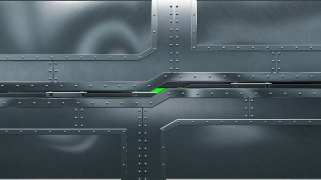 Set of Beautiful Closing and Opening Gates, Horizontal and Vertical, Alpha Matte. Abstract Isolated Metal Gates 3d Animation on Green Screen. Technology Concept. 4k Ultra HD 3840x2160