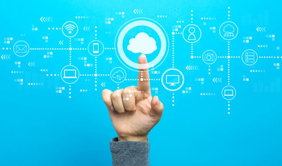 Cloud computing with hand on a blue background