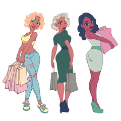 Set of fashionable beautiful girls with bags. Customer