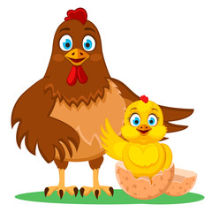 Hen and her little chicken just hatched from an egg on a white.