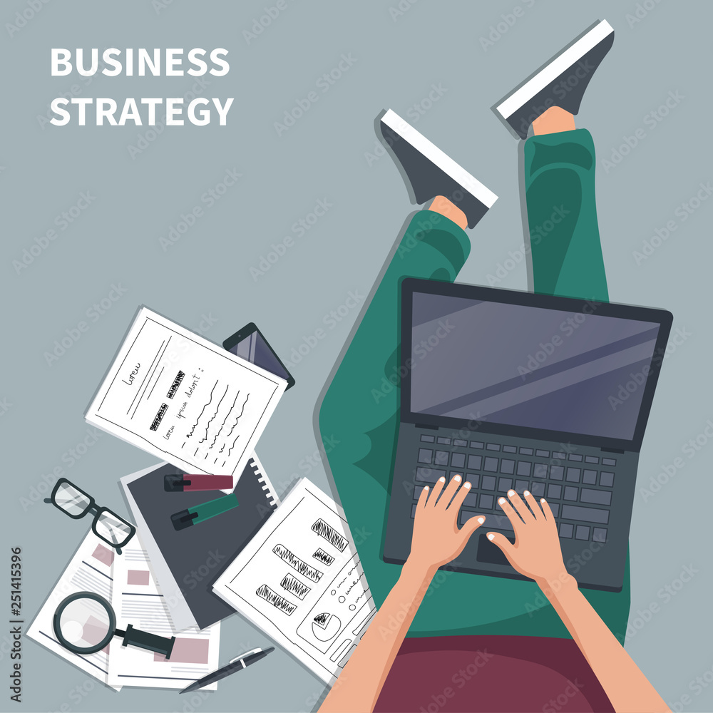 Poster modern flat design concept of business strategy for website and mobile website. man sitting on the f