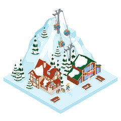 Ski resort vacation gondola way. Winter outdoor holiday activity sport in alps, landscape with mountain view and forest. Alpine village chalet. Flat style 3d isometric vector illustration - 251415562