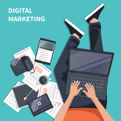 Digital marketing concept. Man sitting on the floor and holding lap top in his lap and working. Flat vector illustration.