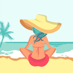 Woman sitting on beach. Concept for vacation, holiday and travel. Summer time. Flat vector illustration