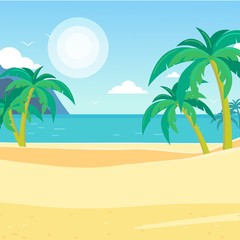 Fototapeta na wymiar Golden sandy beach with palm trees and ocean.