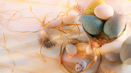 Easter Eggs on White Wooden Background