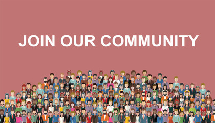 Join our community. Crowd of united people as a business or creative community standing together. Flat concept vector website template and landing page design for invitation to summit or conference