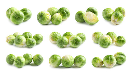 Set of fresh Brussels sprouts on white background