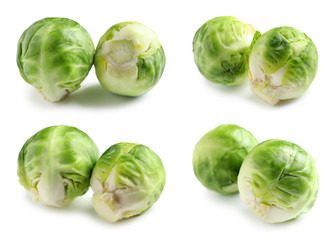 Set of fresh Brussels sprouts on white background