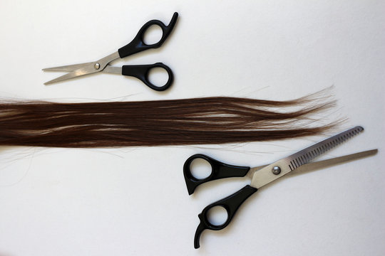 Two pairs of hairdressing scissors with a lock of auburn brunette hair. Cutting and Thinning Scissors next to long reddy Brown Hair