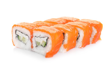 Tasty sushi rolls on white background. Food delivery service