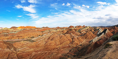 Panorama View of Rainbow Mountains Geological Park. Stripy Zhangye Danxia Landform.