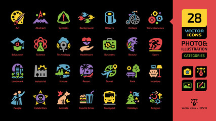 Vector category and theme color icon for photo and illustration on a black background with park, outdoor, interiors, people, celebrities, animals, wildlife, food, drink, transport sections symbols.
