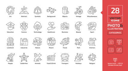 Vector category and theme editable stroke line icon for photo and illustration with people, celebrities, animals, wildlife, food, drink, transport, holidays, religion thin outline sections sign