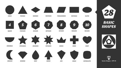 Vector basic simple silhouette shapes set. Geometric figures: circle, triangle, square, pentagon, hexagon, heptagon, octagon, nonagon, decagon, trapezium, parallelogram, rhombus, ellipse and more.