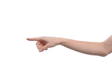 Woman pointing at something on white background, closeup of hand